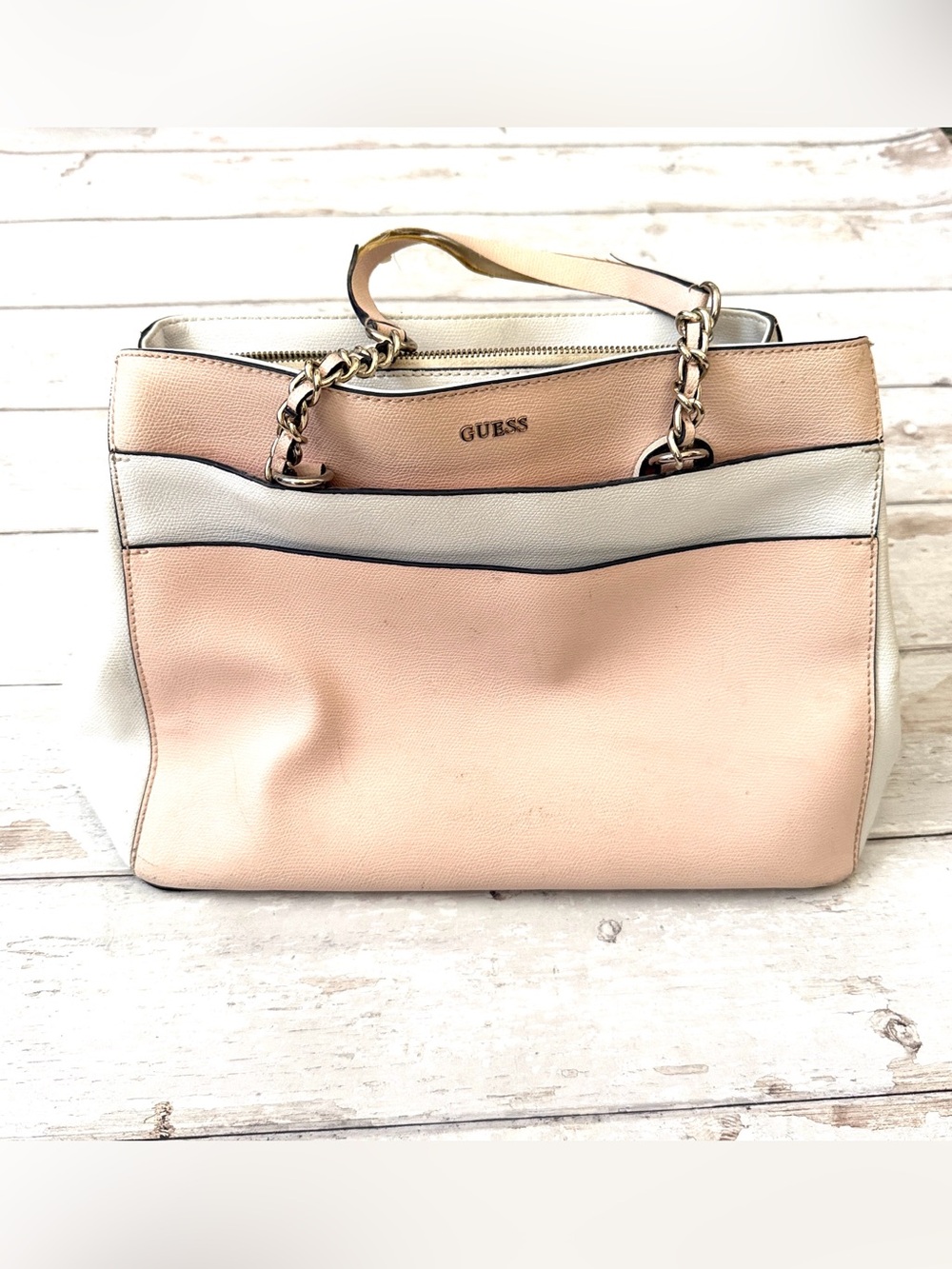 GUESS Pink White Purse Spacious Multi Pocket Handbag Womens  13in x 7in x 10in